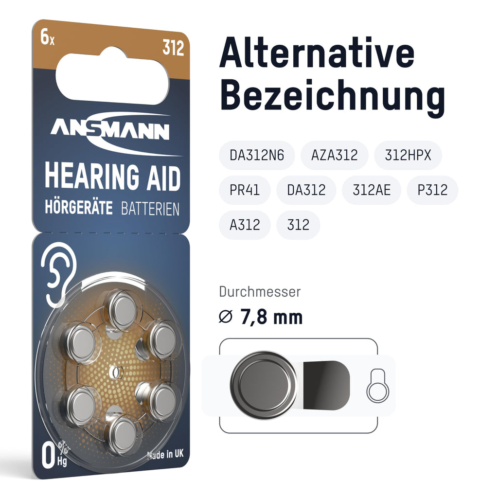 Ansmann Hörgerätebatterien 312-60x Zink-Luft Batterien Typ PR41 - Braun