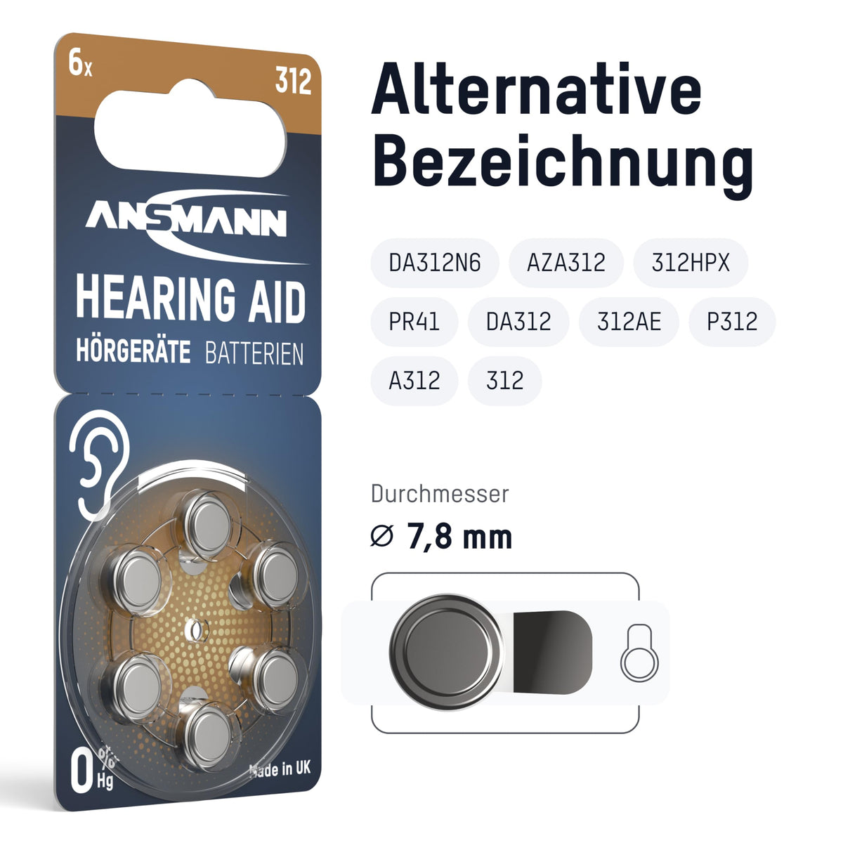Ansmann Hörgerätebatterien 312-60x Zink-Luft Batterien Typ PR41 - Braun