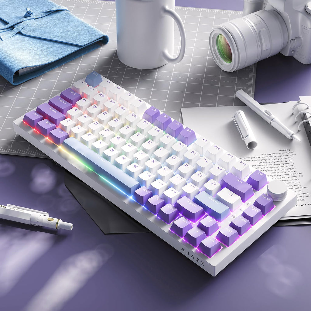 AJAZZ AK820 Mechanical Keyboard, 75% Hot Swappable Wired Keyboard with Volume Control Knob, QWERTY Layout, PBT Keycaps, Five-Layer Sound Insulation Pad, 82-Key Gaming Keyboard, Grey White