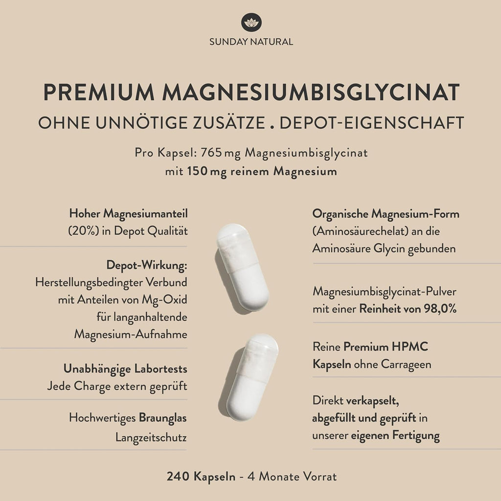 SUNDAY NATURAL® Magnesium Bisglycinat - 240 Kapseln - 300mg reines Magnesium pro Tagesdosis - Depot Magnesiumglycinat als organisches Aminosäurechelat - Laborgeprüft, vegan