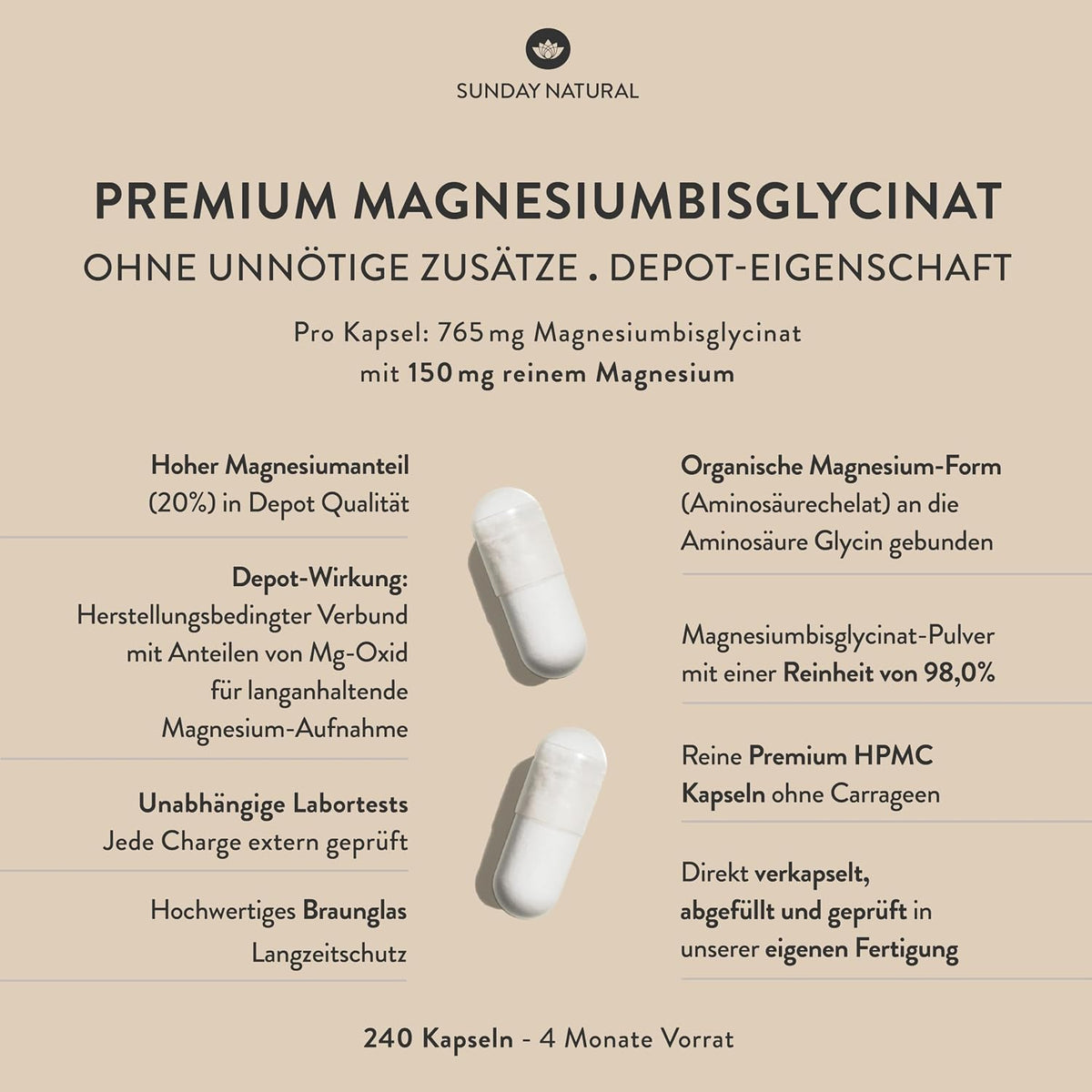 SUNDAY NATURAL® Magnesium Bisglycinat - 240 Kapseln - 300mg reines Magnesium pro Tagesdosis - Depot Magnesiumglycinat als organisches Aminosäurechelat - Laborgeprüft, vegan