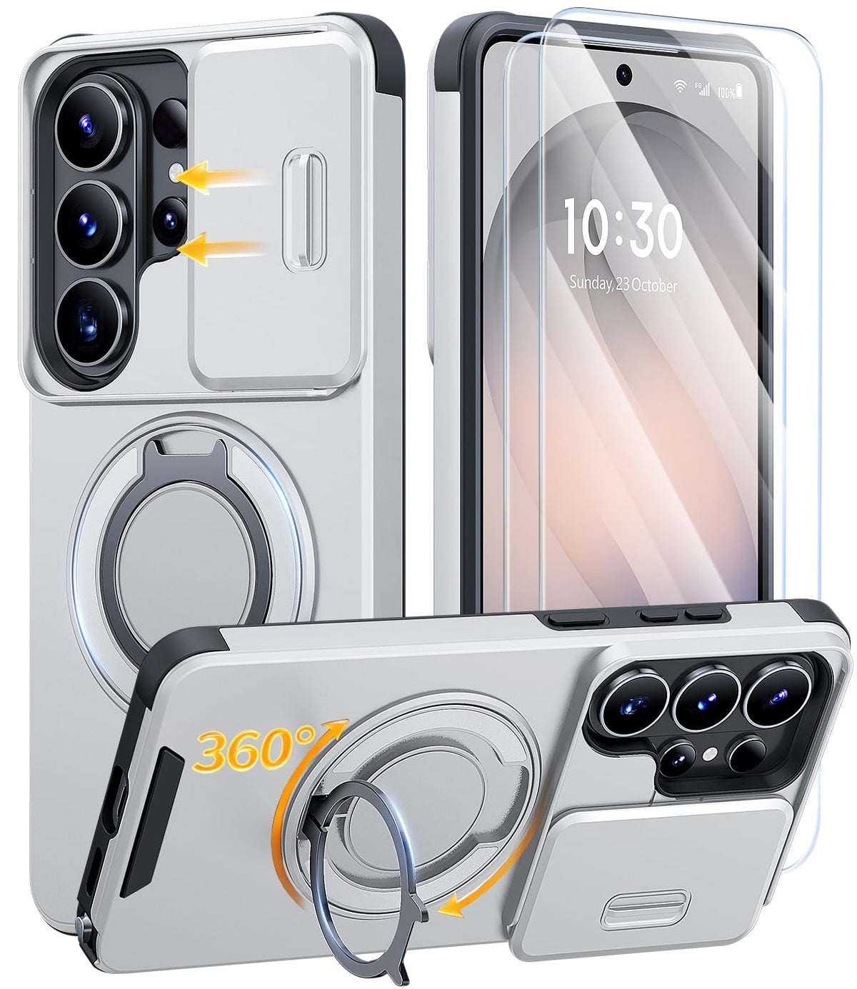 AOUIA für Samsung Galaxy S26 Ultra Hülle mit 2 Stück Panzerglas, Kameraschutz, 360° drehbarer Ringständer, Militärstandard Stoßschutz, robuste Handyhülle für Samsung S26 Ultra, Schwarz