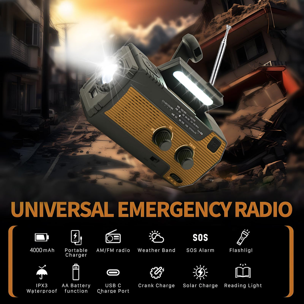 Notfall-Solarradio,Solarbaby Selbstbetriebenes Kurbelradio mit LED-Taschenlampe, SOS-Alarm,AM/FM Wetter Wind Up Radio mit 2000mAh Akku für Notladung von Smartphone,(Rod)