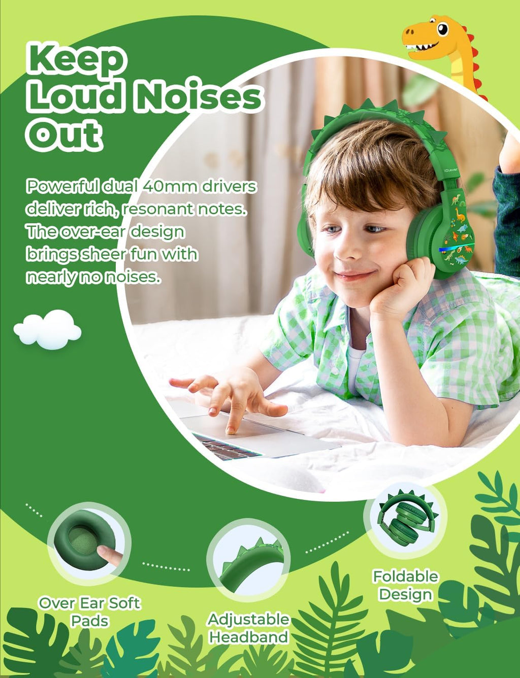 iClever BTH12 Bluetooth-Kopfhörer für Kinder mit LED-Beleuchtung, 85 Stunden Wiedergabezeit, ideal für Reisen