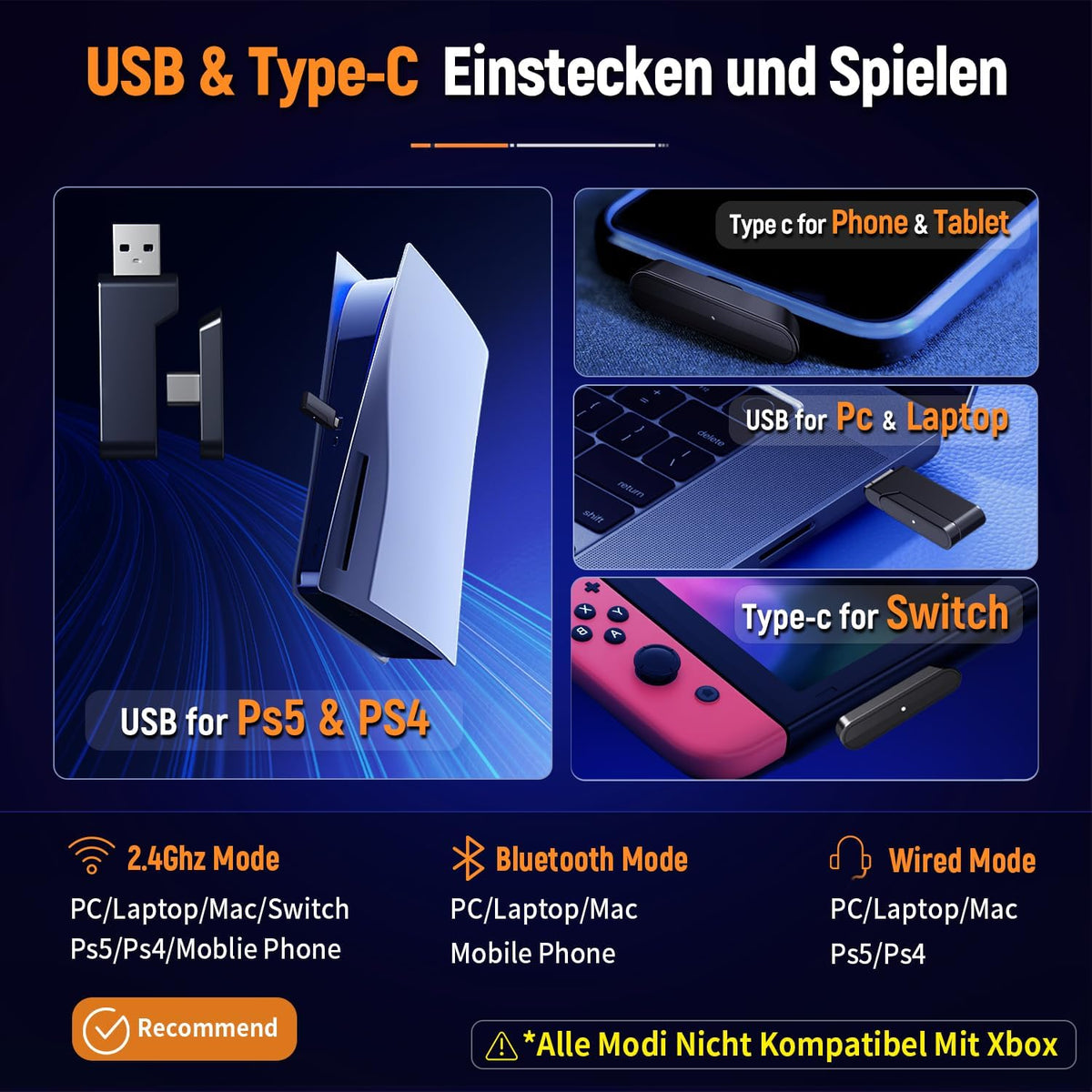 Ozeino 2.4GHz Gaming Headset Wireless mit Mikrofon Geräuschunterdrückung für Ps5/PC/Ps4/Mac, Bluetooth Headset mit RGB Licht, Gaming kopfhörer 40H+ Akkulaufzeit
