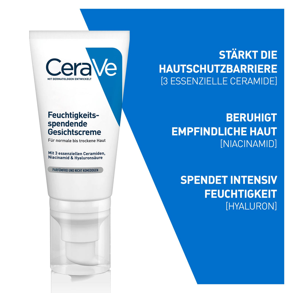 CeraVe Feuchtigkeitsspendende Gesichtscreme für normale bis trockene Haut, Ultraleichte Formel, Mit Hyaluron, Niacinamid und 3 essenziellen Ceramiden