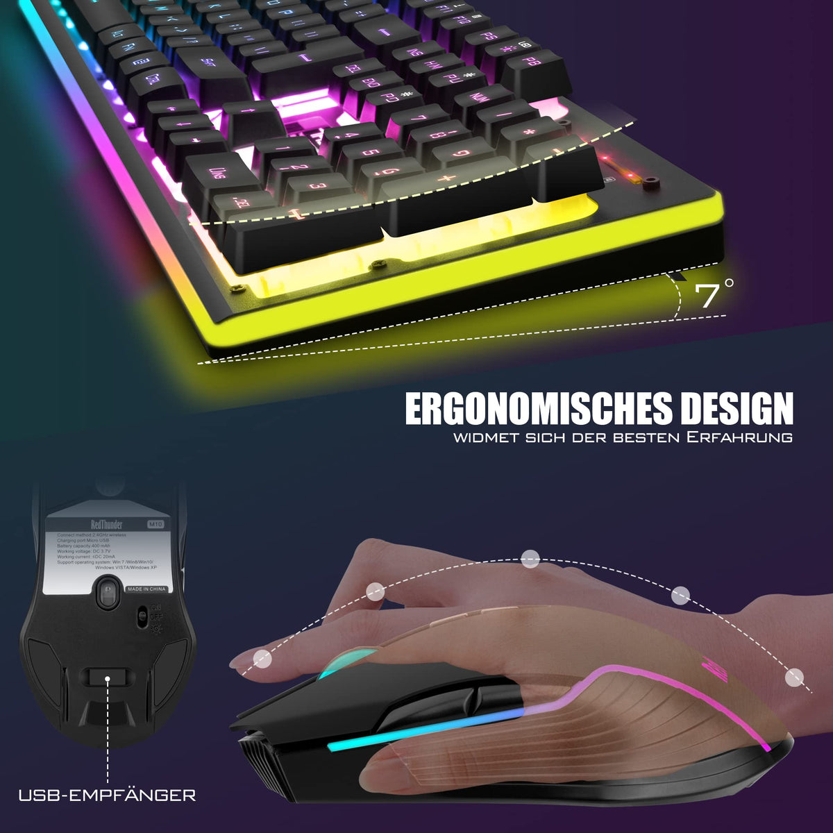 RedThunder K10 Kabelloses Gaming Tastatur und Maus Set, QWERTZ DE-Layout LED Hintergrundbeleuchtung, 3000mA Batteriekapazität und 3200 DPI für Gamer(Weiß)
