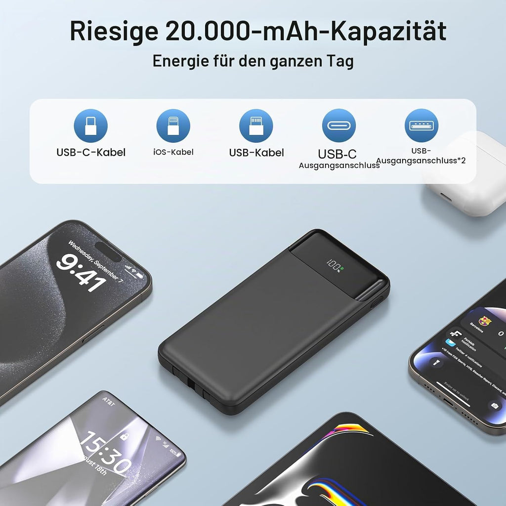 Power Bank 20000mAh, Powerbank 22,5W Schnellladung mit Integrierten 3 Kabel