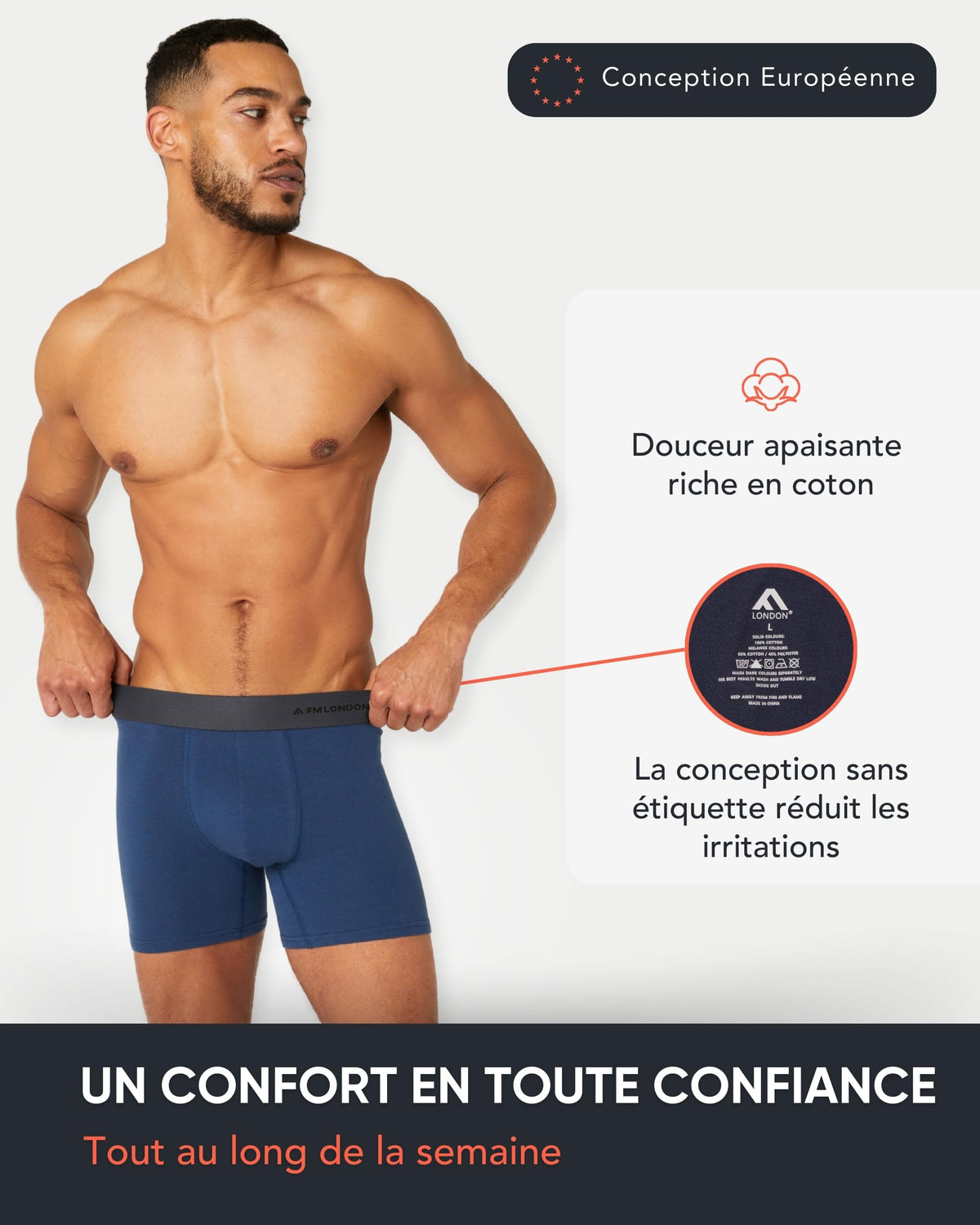 FM London Lot de 7 Boxers Respirants Homme sans Étiquette, Extensibles