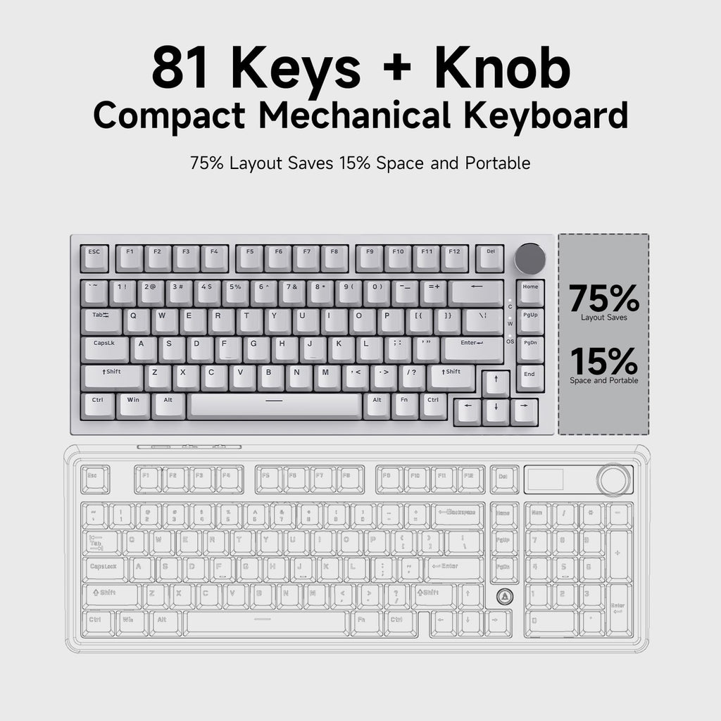 AJAZZ AK820 Mechanical Keyboard, 75% Hot Swappable Wired Keyboard with Volume Control Knob, QWERTY Layout, PBT Keycaps, Five-Layer Sound Insulation Pad, 82-Key Gaming Keyboard, Grey White