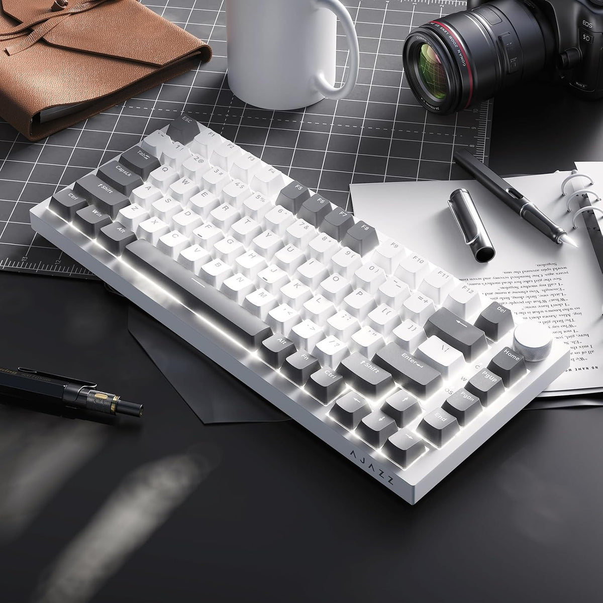 AJAZZ AK820 Mechanical Keyboard, 75% Hot Swappable Wired Keyboard with Volume Control Knob, QWERTY Layout, PBT Keycaps, Five-Layer Sound Insulation Pad, 82-Key Gaming Keyboard, Grey White