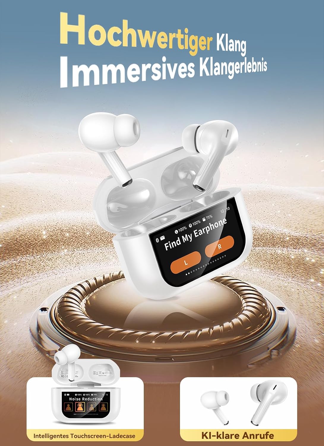 Bluetooth 5.4 Kabellose In-Ear Kopfhörer mit Smart Touchscreen, 48 Std. Wiedergabezeit, Aktive ANC Geräuschunterdrückung + ENC Anrufverarbeitung, 5 EQ-Modi, HiFi Stereo, IPX7 Wasserdicht Austerweiß