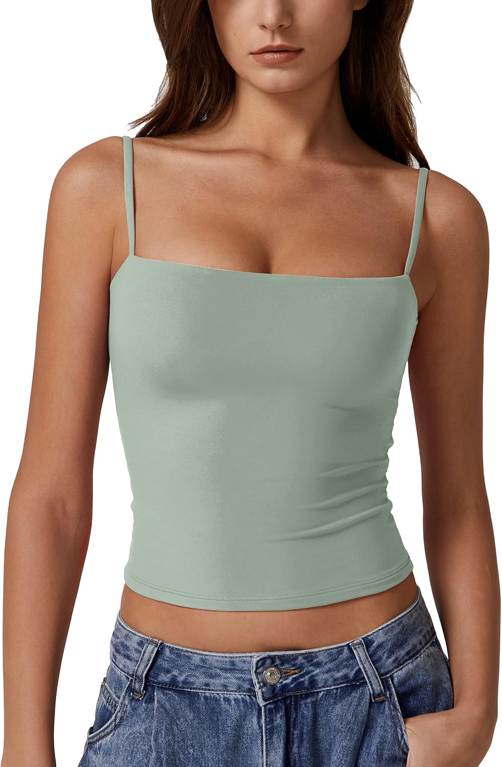 QINSEN Women's Double Lined Basic Tank Top Adjustable Spaghetti Straps Sleeveless Camisole Shirts