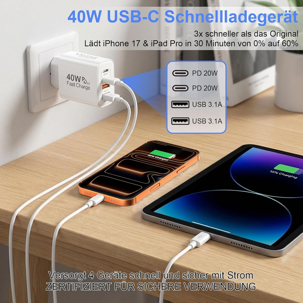 2er Pack USB C Ladegerät, 4 Ports 40W Mehrfach Schnellladegerät Netzteil Power Adapter Für iPhone 18/17/16/15/14/Für iPhone 13/12/11 Pro/Max/Plus/XR/XS/iPad/Samsung Handy, USB C & USB A PD 3.0 Charger
