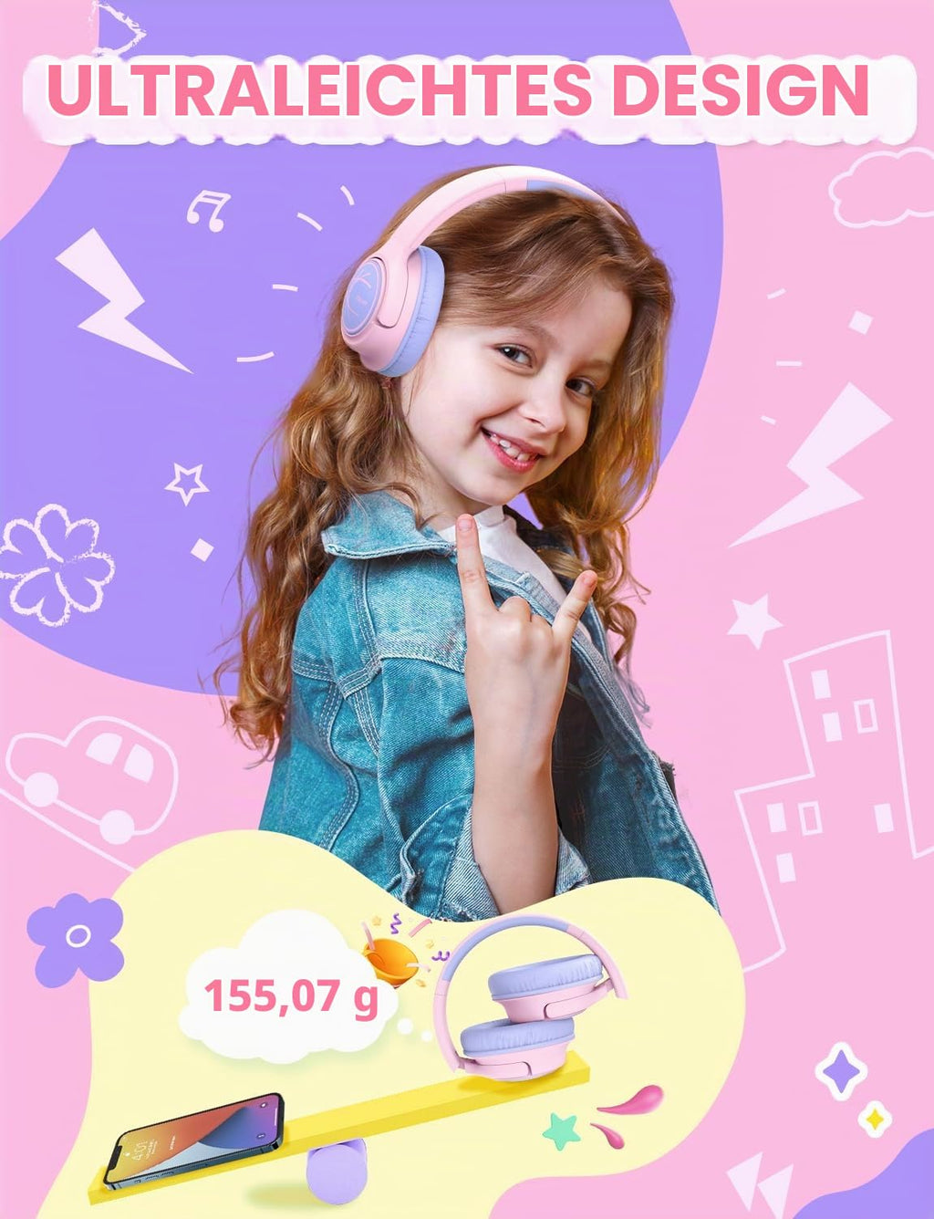 iClever HS26 Kopfhörer Kinder mit 3,5 mm Kabel für Schule/Tablet/Reisen