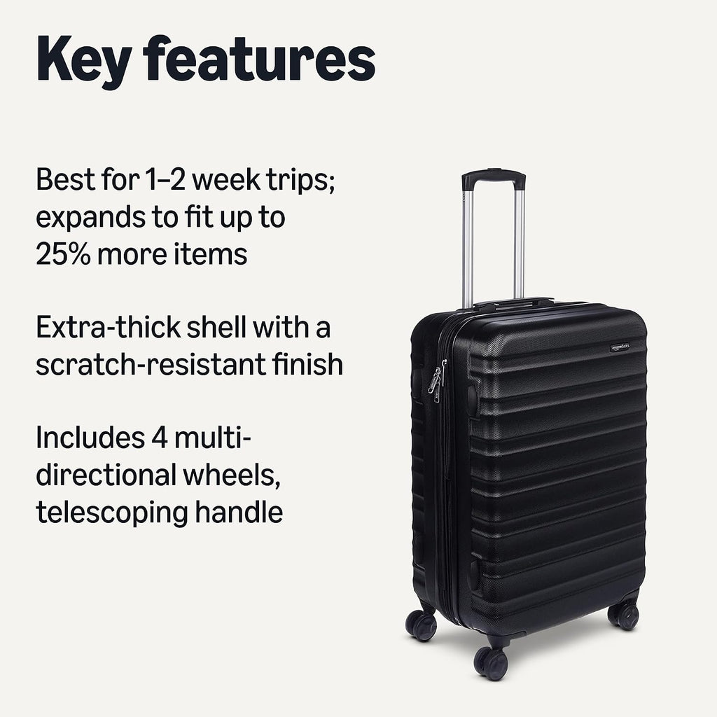 Amazon Basics 21" Hardside Carry-On Luggage with Spinner Wheels, Expandable for Up to 25% More Space, Scratch-Resistant Hard Shell, Telescoping Handle, Black