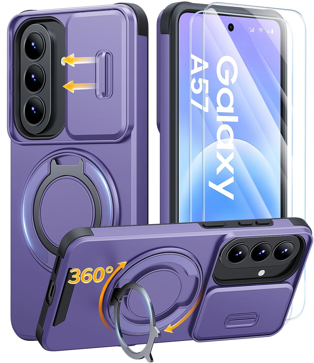 AOUIA für Samsung Galaxy S26 Ultra Hülle mit 2 Stück Panzerglas, Kameraschutz, 360° drehbarer Ringständer, Militärstandard Stoßschutz, robuste Handyhülle für Samsung S26 Ultra, Schwarz