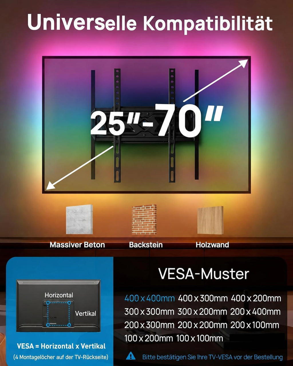 PERLESMITH TV-Wandhalterung, TV-Wandhalterung für 26-70 Zoll Fernseher, 45 kg