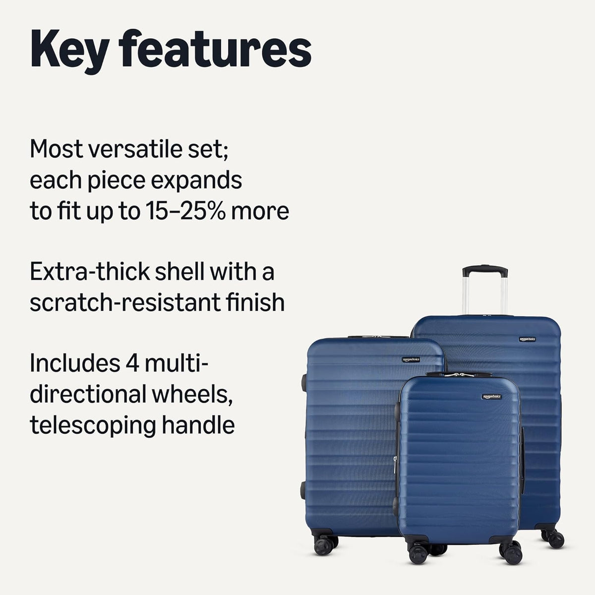 Amazon Basics 21" Hardside Carry-On Luggage with Spinner Wheels, Expandable for Up to 25% More Space, Scratch-Resistant Hard Shell, Telescoping Handle, Black