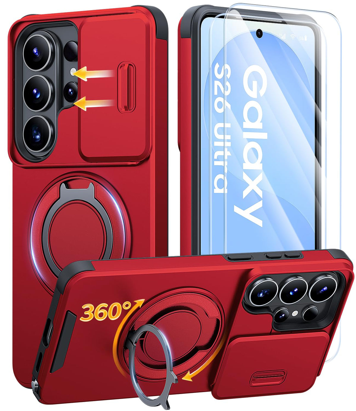 AOUIA für Samsung Galaxy S26 Ultra Hülle mit 2 Stück Panzerglas, Kameraschutz, 360° drehbarer Ringständer, Militärstandard Stoßschutz, robuste Handyhülle für Samsung S26 Ultra, Schwarz