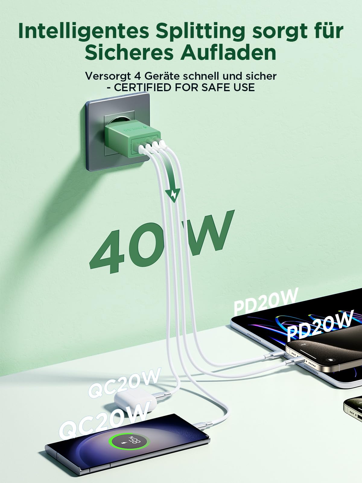 USB C Ladegerät, 40W 4-Port USB ladegerät Mehrfach Schnellladegerät PD 3.0