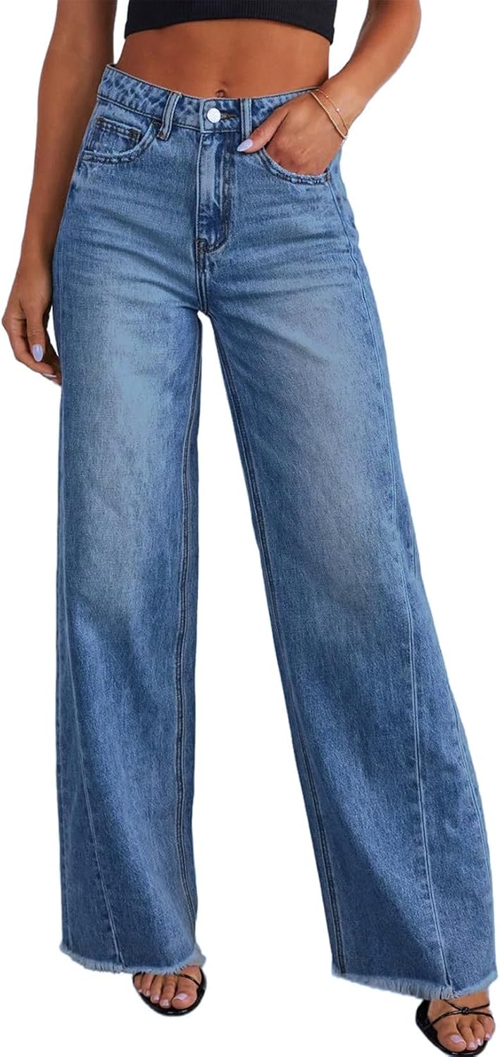 Sidefeel Damen Jeans mit weitem Bein, hoch taillierte, elastische Denim-Hose