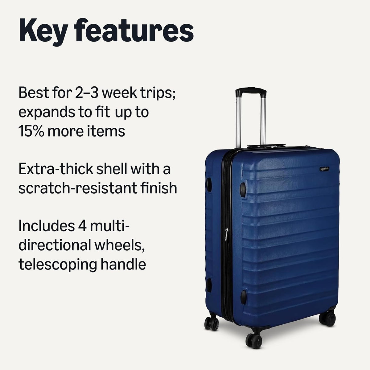 Amazon Basics 21" Hardside Carry-On Luggage with Spinner Wheels, Expandable for Up to 25% More Space, Scratch-Resistant Hard Shell, Telescoping Handle, Black