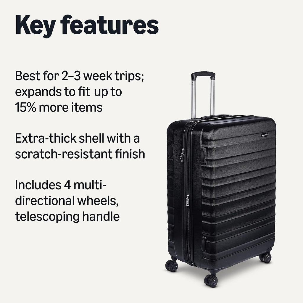 Amazon Basics 21" Hardside Carry-On Luggage with Spinner Wheels, Expandable for Up to 25% More Space, Scratch-Resistant Hard Shell, Telescoping Handle, Black