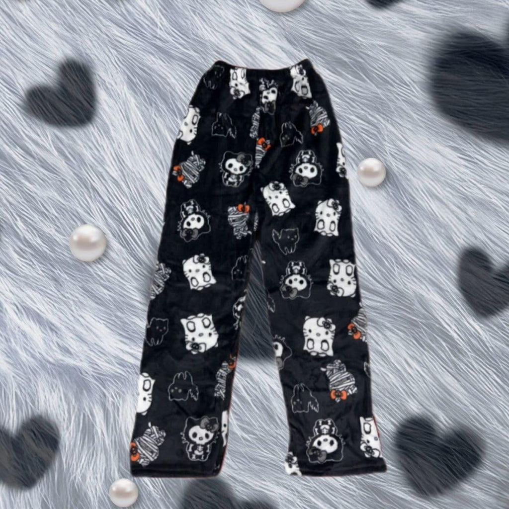 Chnnamzu Damen-Pyjamahose aus Flanell, warmes und weiches Fleece-Pyjamaunterteil, süßes Cartoon-Katzen-Motiv, Kawaii-Mode, lässige Nachtwäsche, Loungewear-Hose