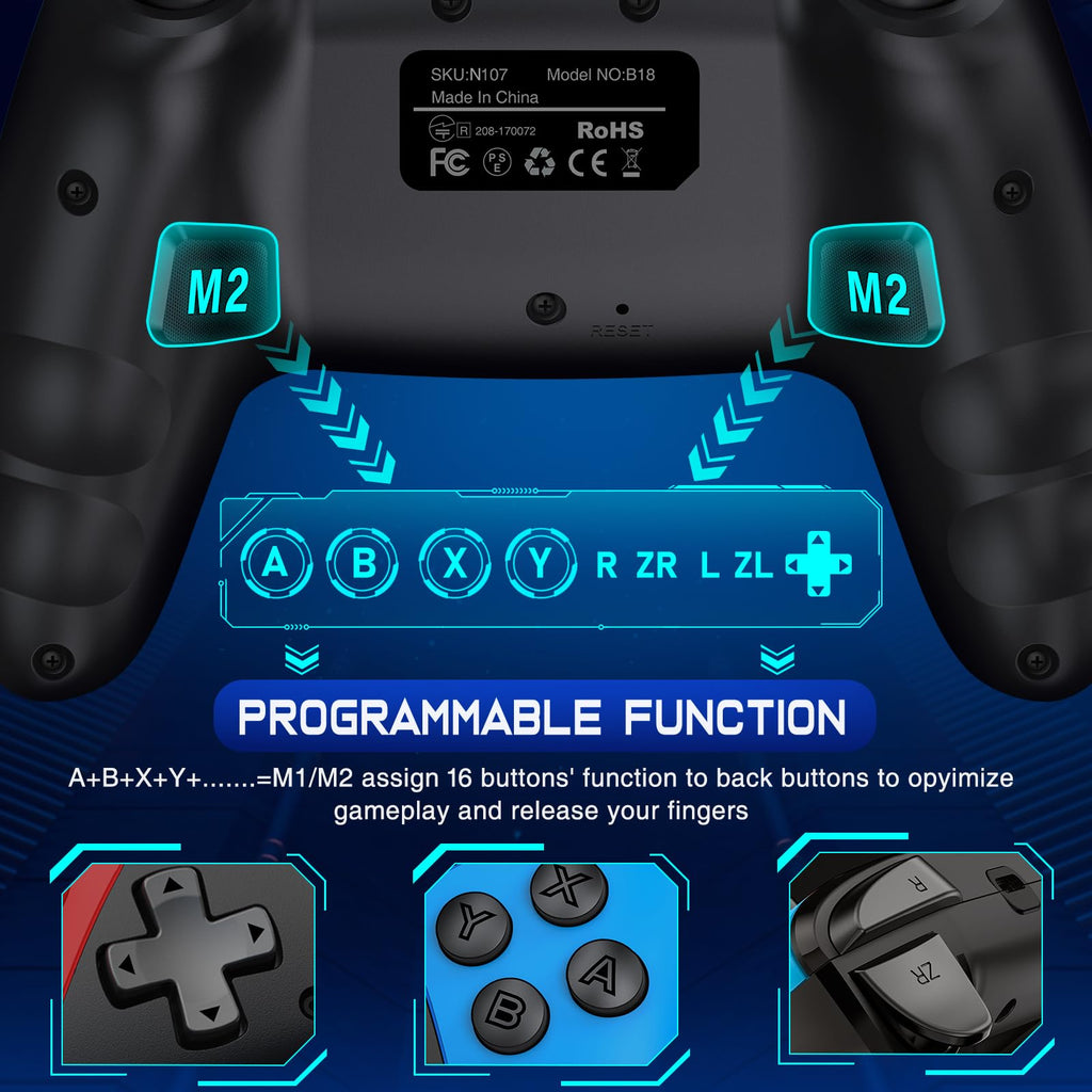 HELLCOOL Switch Controller, Kabellos Switch Pro Controller für Switch/Lite/OLED Konsole, Macro/Turbo/Aufwachfunktion, Präzise Steuerung, Dual Motors Vibration, 15 Std Spieldauer