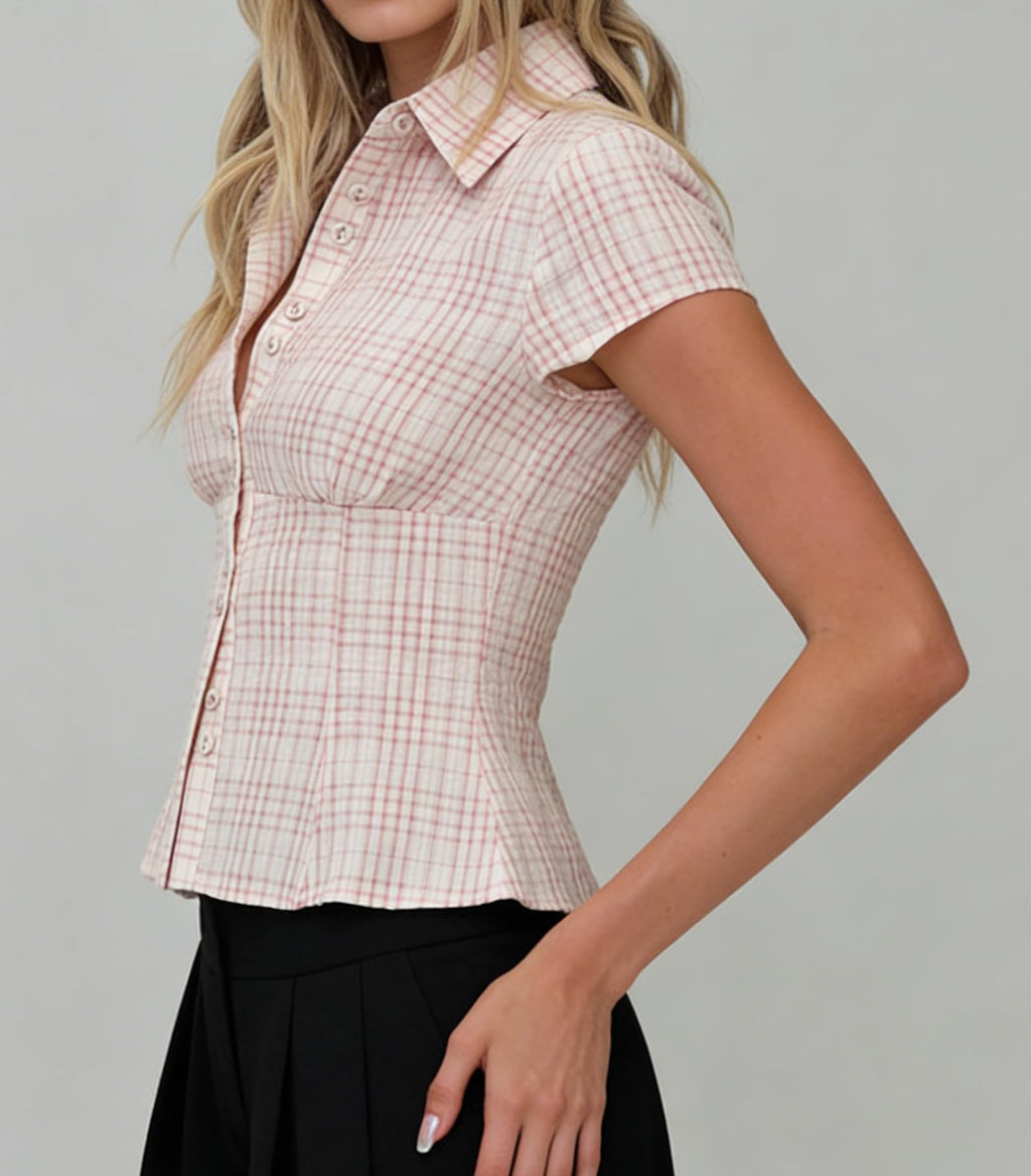 Damen Y2K Kurzarm-Bluse mit Knopfleiste, körperbetont und mit Kragen