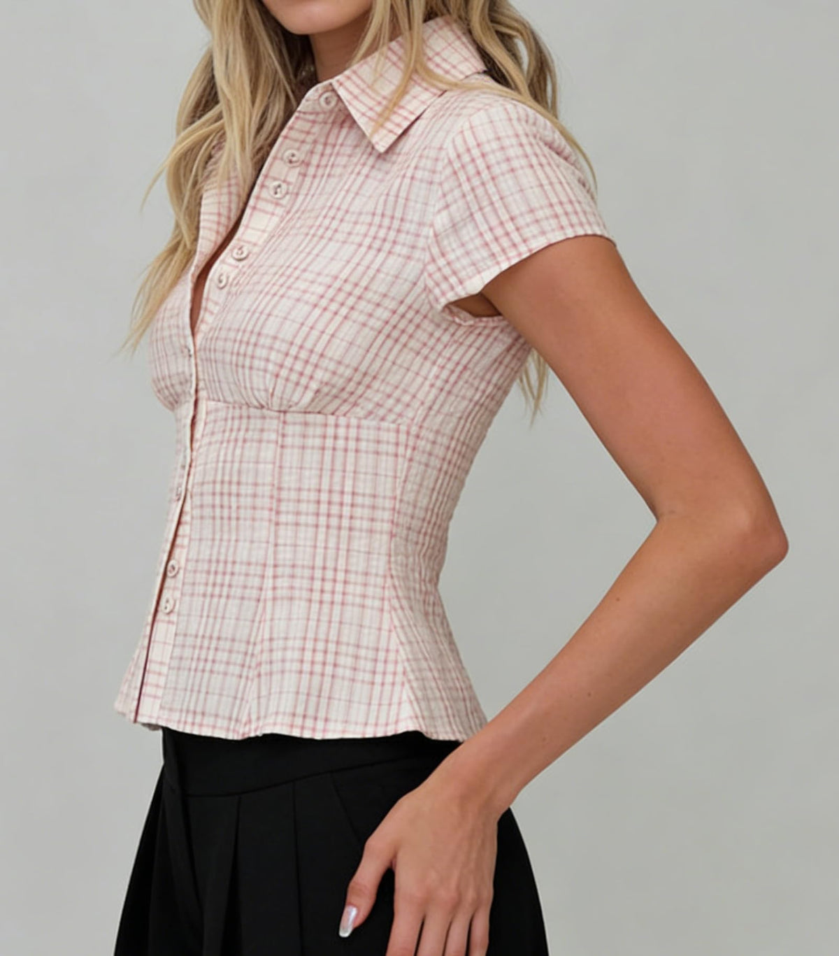 Damen Y2K Kurzarm-Bluse mit Knopfleiste, körperbetont und mit Kragen