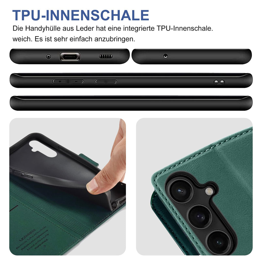 Giyer Handyhülle für Samsung Galaxy S24 5G Hülle mit Schutzfolie, Schutzhülle Galaxy S24 5G PU Leder Wallet Flip Case Standfunktion Kartenfach Klapphülle für Samsung S24 Ultra Full Cover (Grün)