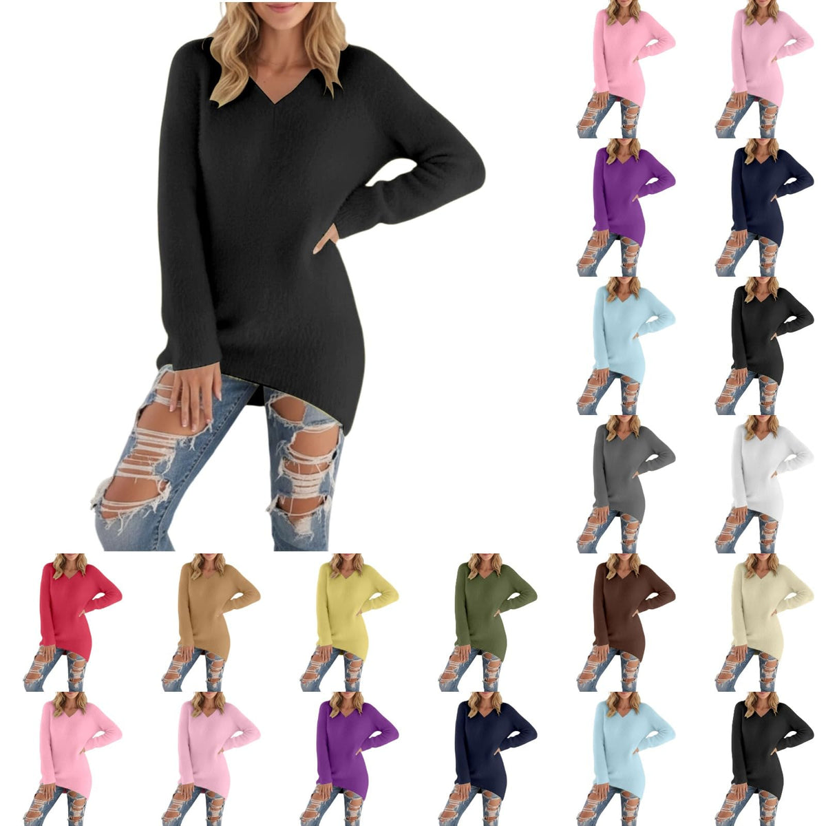 Générique Pull Femme Col V Chic Et Elegant Hiver Grande Taille Manche Longue Chaude Sexy Oversize Couleur Unie Tricot Pulls