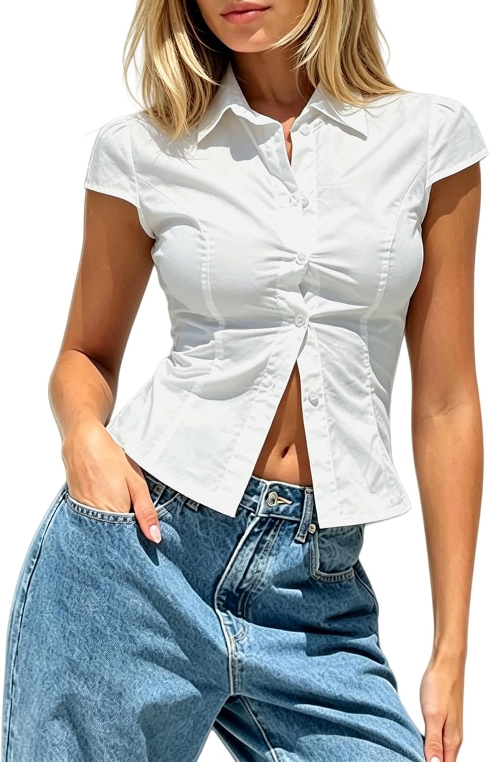 Damen Y2K Kurzarm-Bluse mit Knopfleiste, körperbetont und mit Kragen