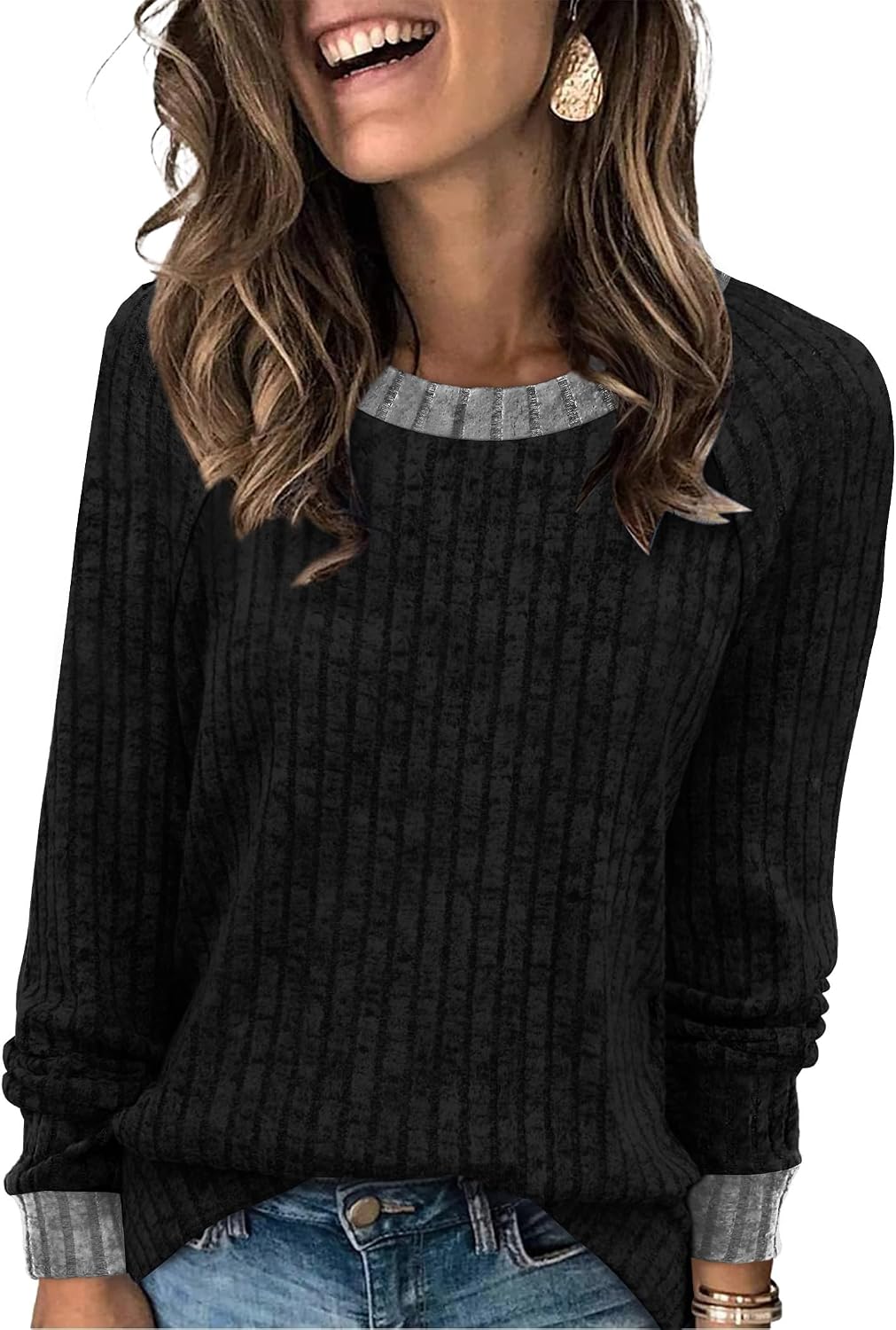WIHOLL Langarmshirts für Damen Leichte Pullover Herbstoutfits 2026 Color-Block Winterkleidung Schick Lässig Weich