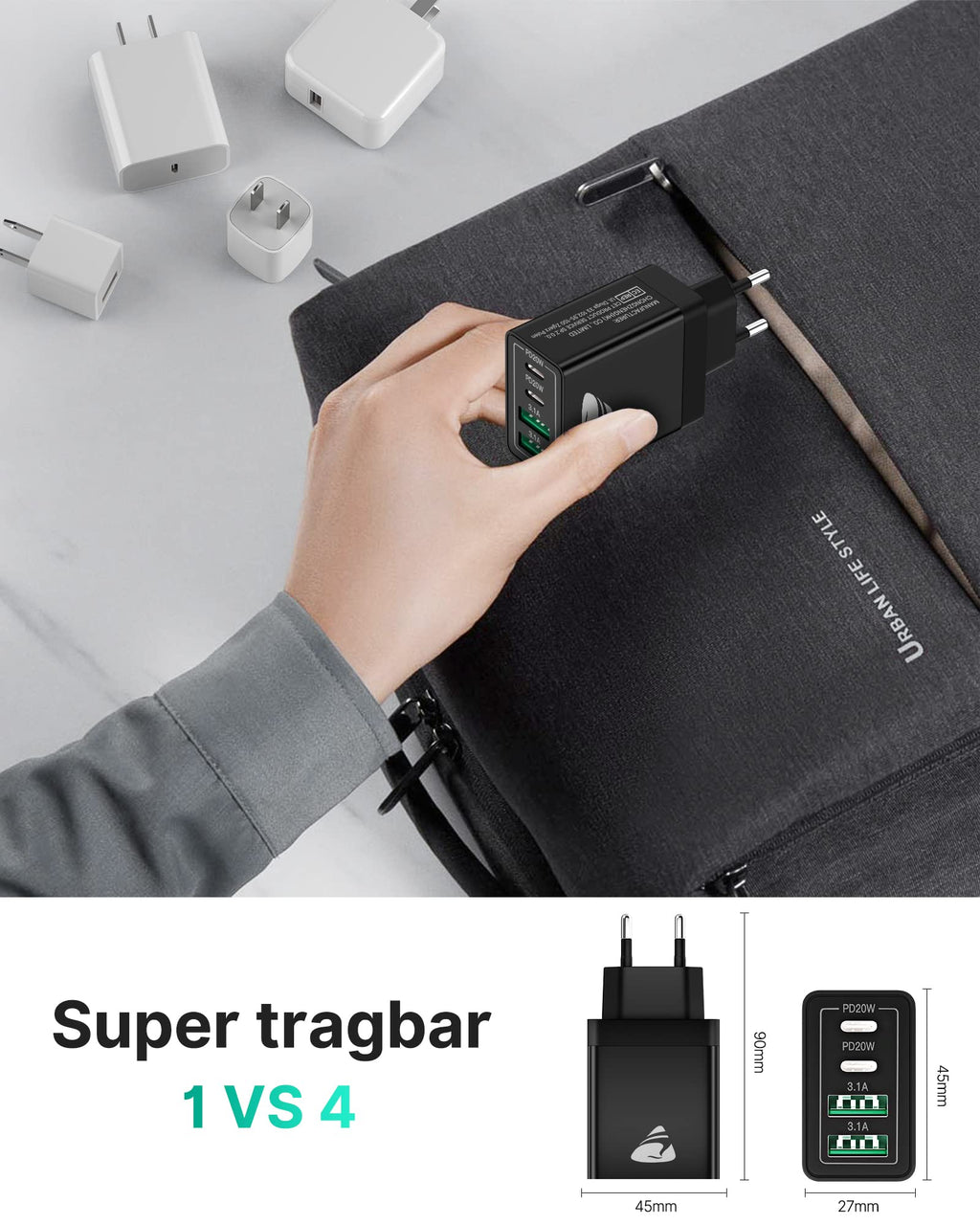 USB C Ladegerät, 40W 4-Port USB ladegerät Mehrfach Schnellladegerät PD 3.0