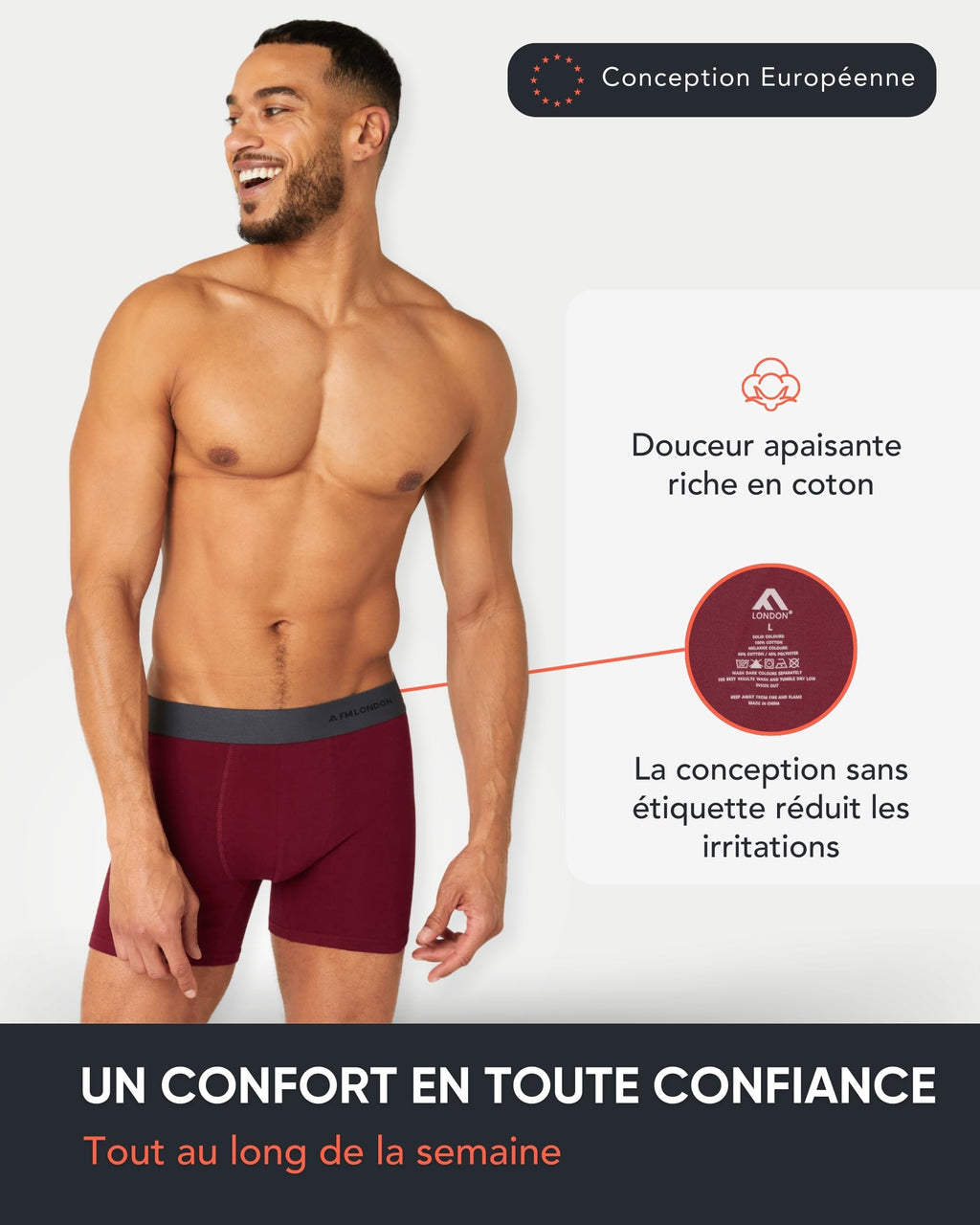 FM London Lot de 7 Boxers Respirants Homme sans Étiquette, Extensibles