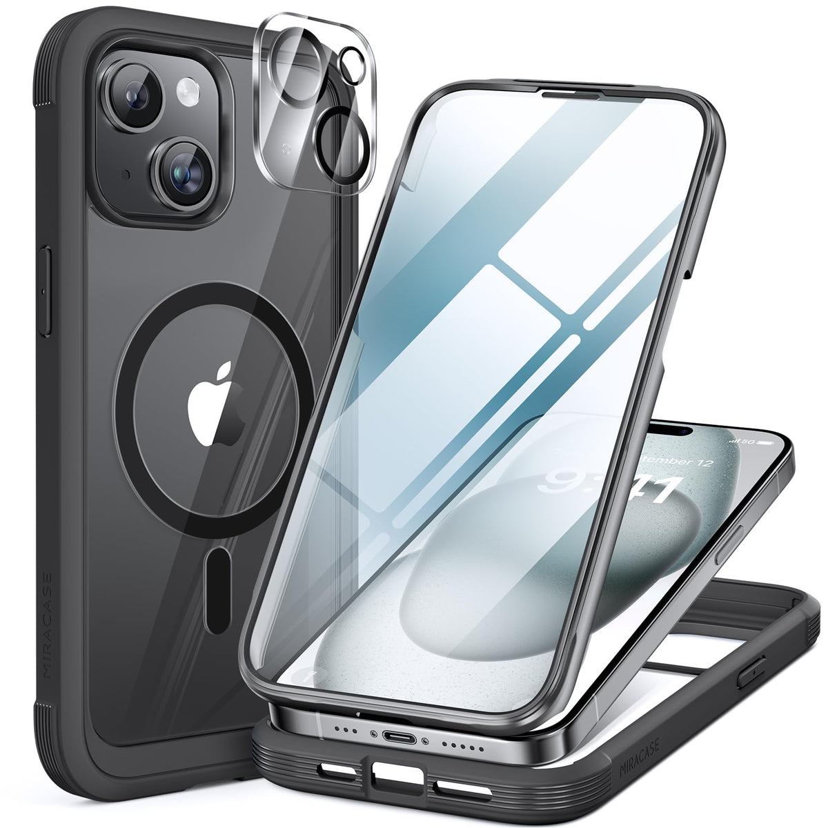 Miracase für iPhone 17 Hülle 6,3 Zoll,360 Grad Komplettschutz,Schwarz
