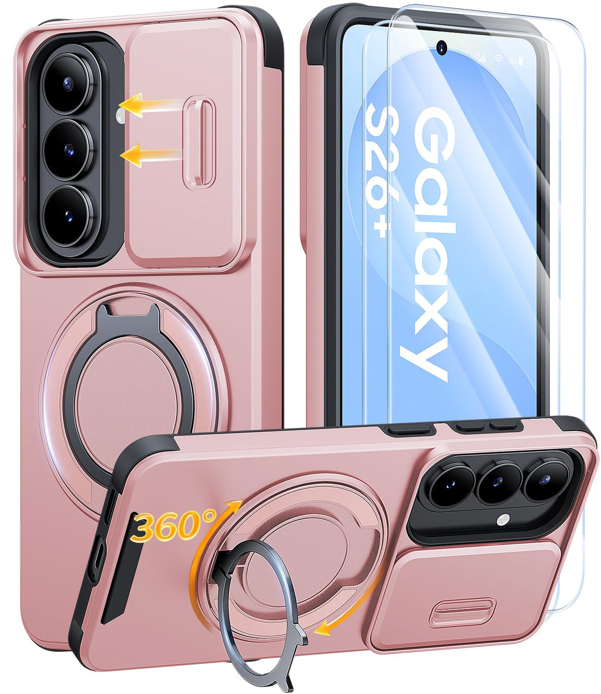 AOUIA für Samsung Galaxy S26 Ultra Hülle mit 2 Stück Panzerglas, Kameraschutz, 360° drehbarer Ringständer, Militärstandard Stoßschutz, robuste Handyhülle für Samsung S26 Ultra, Schwarz