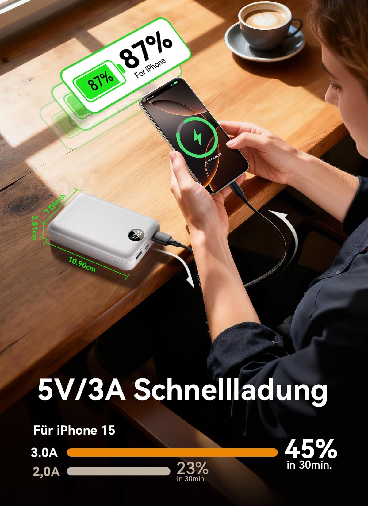 Power Bank 27000mAh, Ultra Kompakte Powerbank Schnellladen mit 3-in-1 Kabel