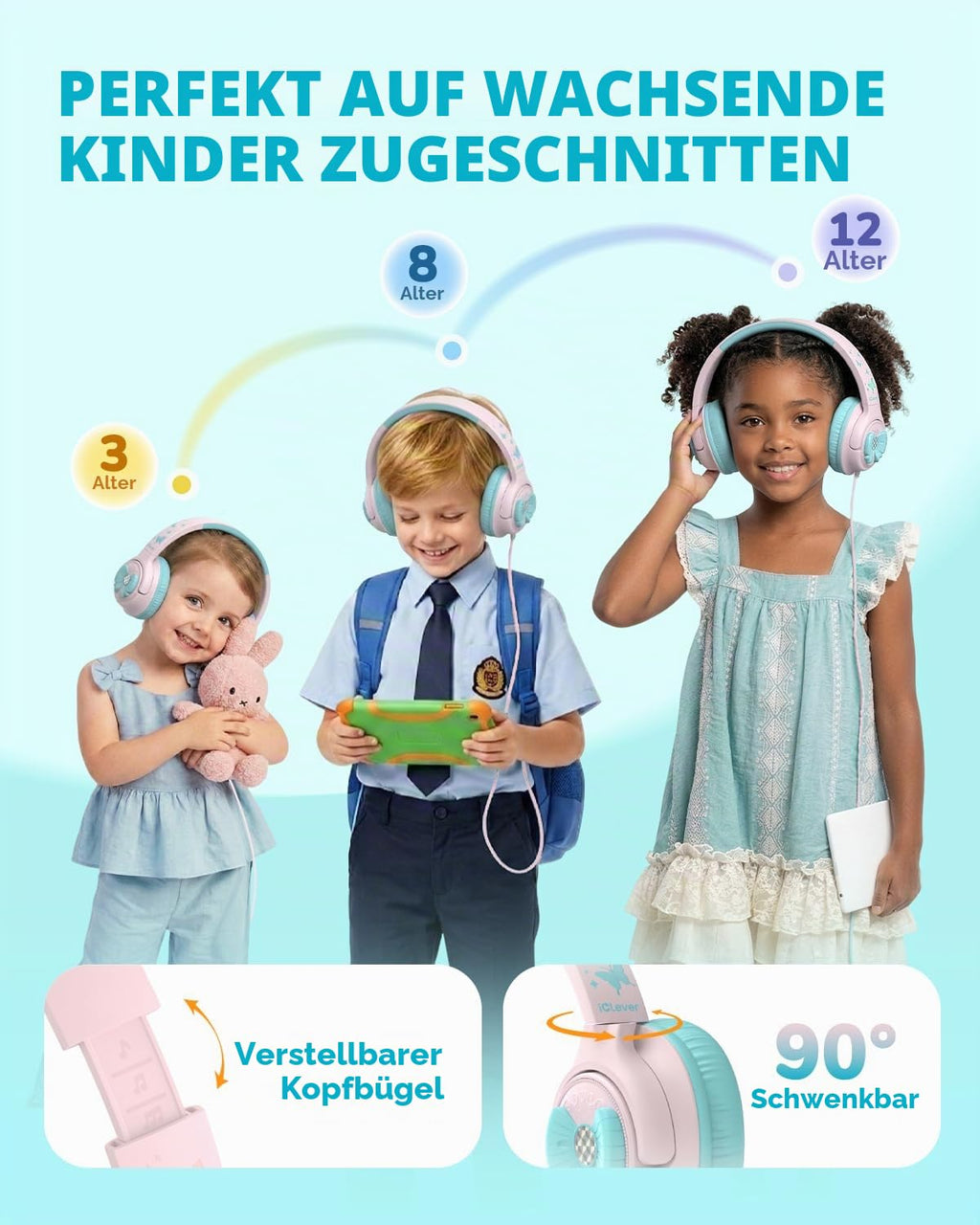 iClever HS26 Kopfhörer Kinder mit 3,5 mm Kabel für Schule/Tablet/Reisen