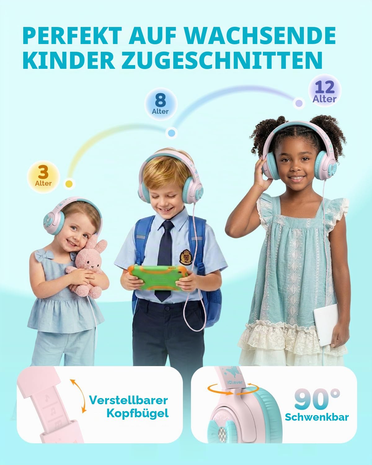 iClever HS26 Kopfhörer Kinder mit 3,5 mm Kabel für Schule/Tablet/Reisen