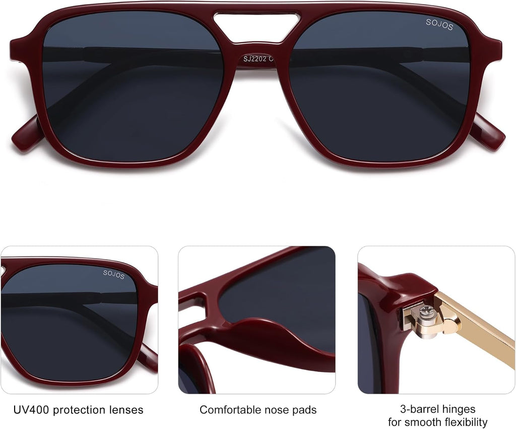 SOJOS Retro Aviator Sunglasses Womens Mens,Trendy Rectangle Shades SJ2202