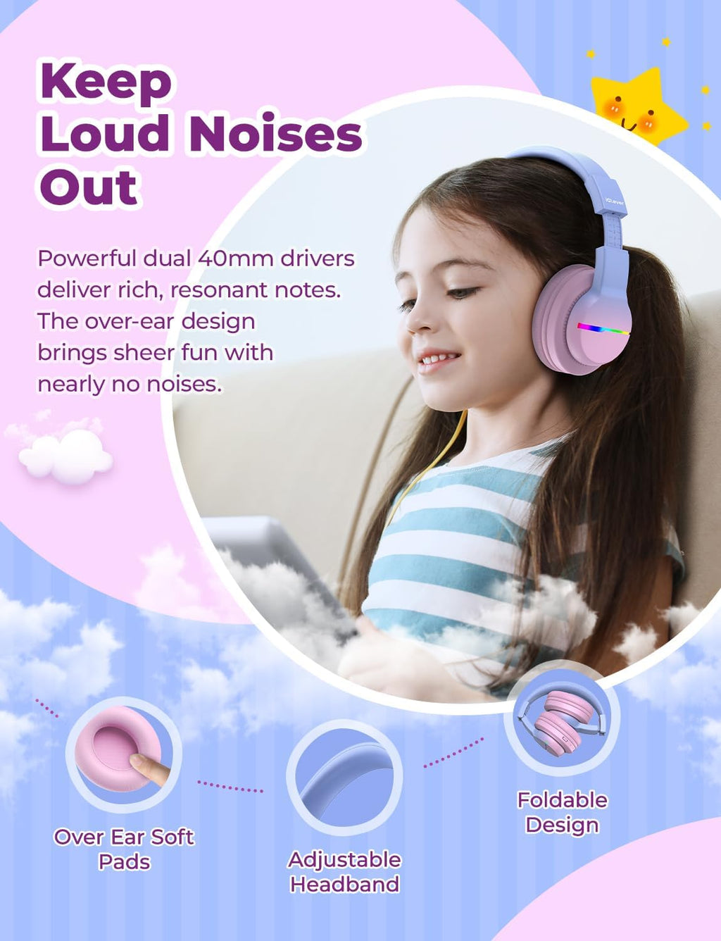 iClever BTH12 Bluetooth-Kopfhörer für Kinder mit LED-Beleuchtung, 85 Stunden Wiedergabezeit, ideal für Reisen