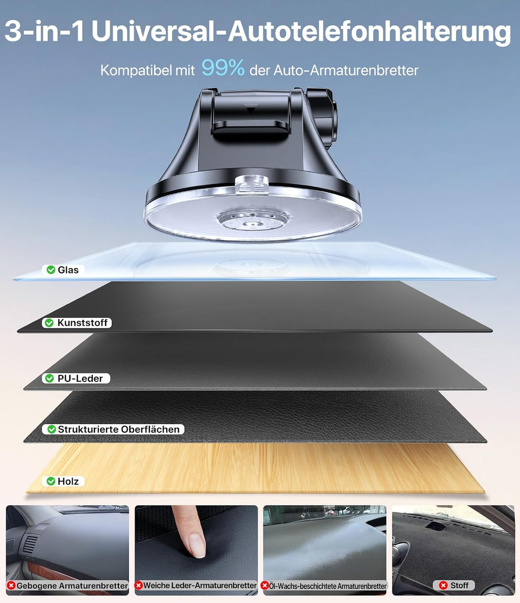 Miracase [2026 Upgraded Handyhalterung Auto Handy Halterung,Universal Car Phone Holder[Stärkste Saugnapf & Lüftungshaken] 360° Drehbar kfz autohalterung Lautsprecher für iPhone Samsung Galaxy Google