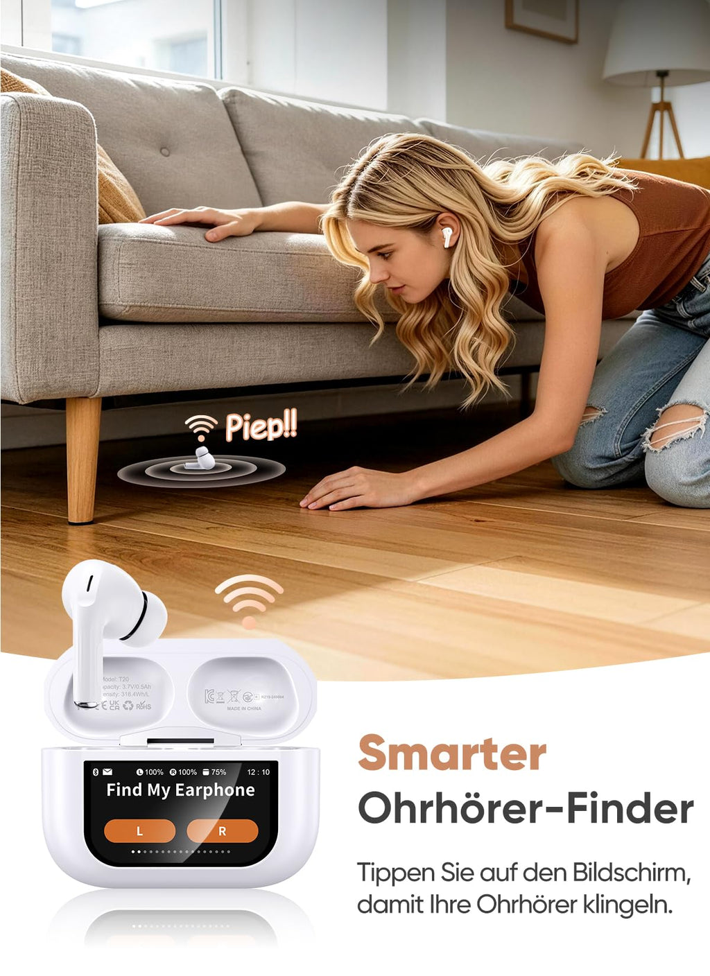 Bluetooth 5.4 Kabellose In-Ear Kopfhörer mit Smart Touchscreen, 48 Std. Wiedergabezeit, Aktive ANC Geräuschunterdrückung + ENC Anrufverarbeitung, 5 EQ-Modi, HiFi Stereo, IPX7 Wasserdicht Austerweiß