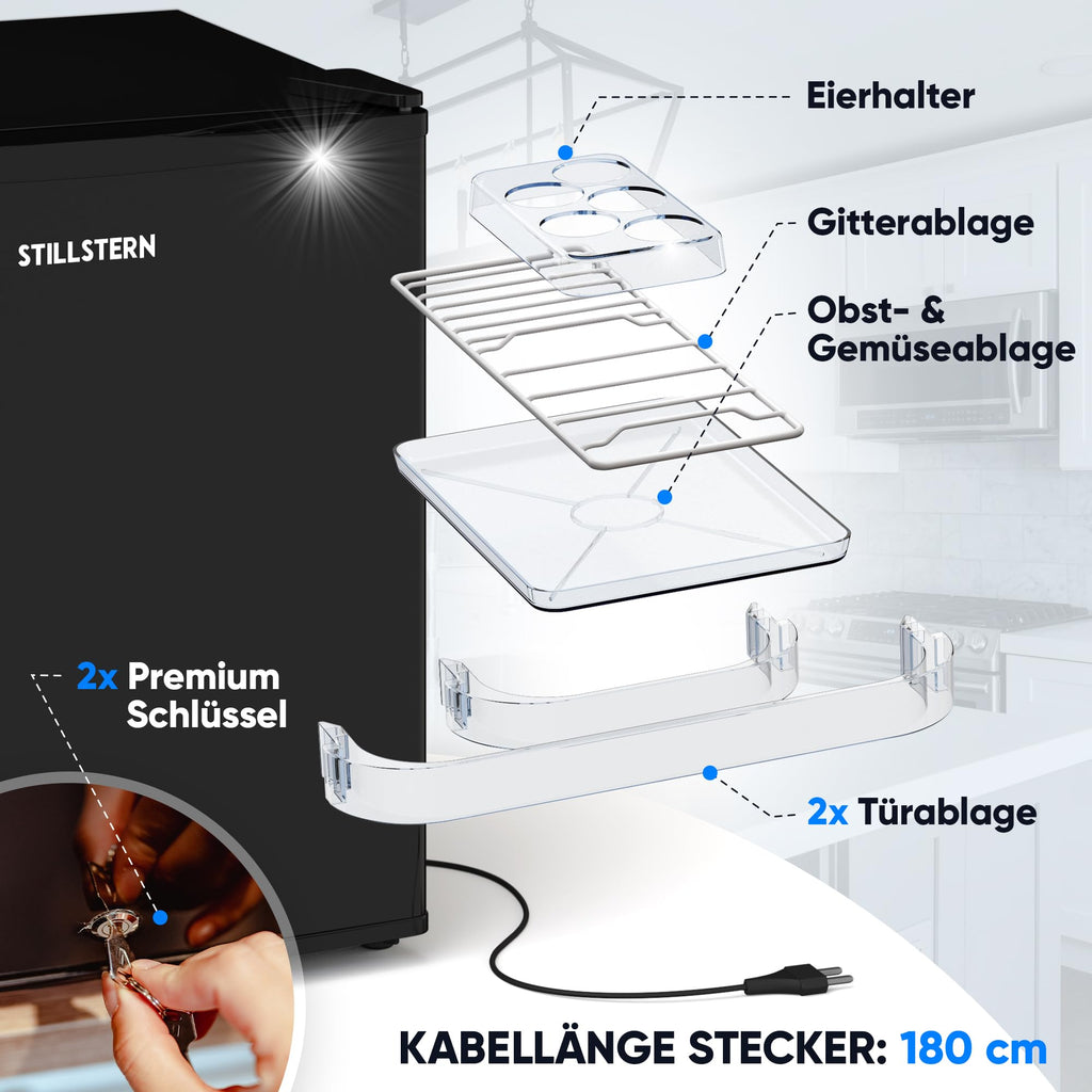 Stillstern Mini Kühlschrank E 45L mit Abtauautomatik, Schloss, Frostfach, Leise, Ideal für Küche, Büro, Schlafzimmer, Hotels und kleine Wohnungen Kühlschrank klein Minibar Getränkekühlschrank Weiß