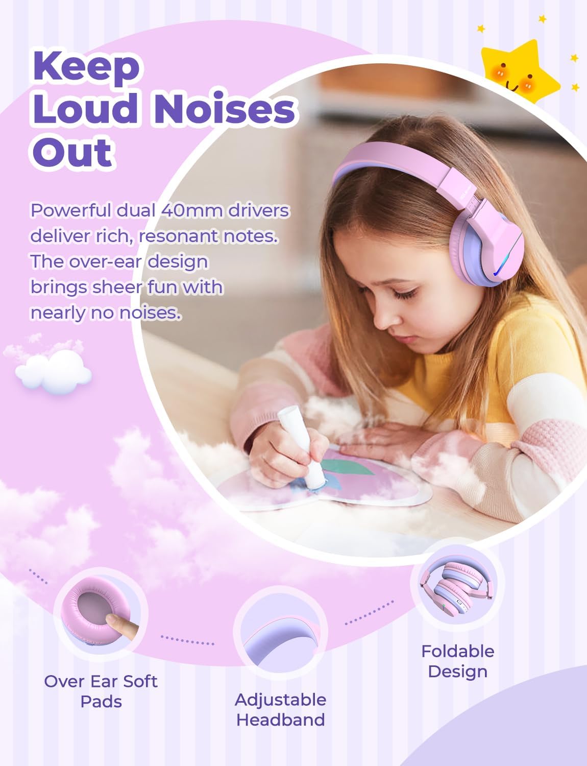 iClever BTH12 Bluetooth-Kopfhörer für Kinder mit LED-Beleuchtung, 85 Stunden Wiedergabezeit, ideal für Reisen