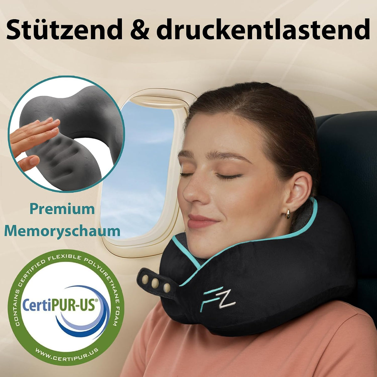 FLOWZOOM Comfy Nackenkissen Flugzeug & Auto mit Kapuze - Einstellbares Memory Foam Reisekissen mit Druckknöpfen für 360° Stütze, weicher Bezug - inkl. Transportbeutel - Grau